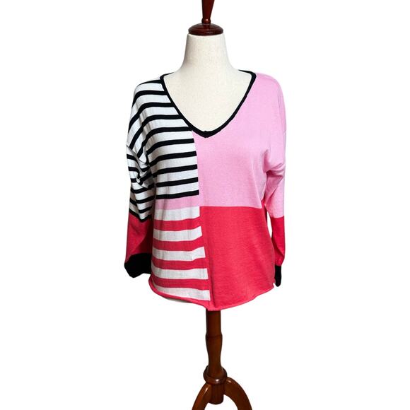 Shannon Passero v neck sweater color block & stripes pink black white Cotton S/M - Picture 1 of 6